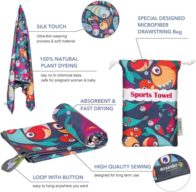 4Monster Microfiber Beach Towel Quick Dry,Super Absorbent Lightweight Travel Towel for Swimmers, Sand Free Camping Towel, Beach Towels for Pool, Swim, Water Sports,Yoga,Gym,Backpacking
