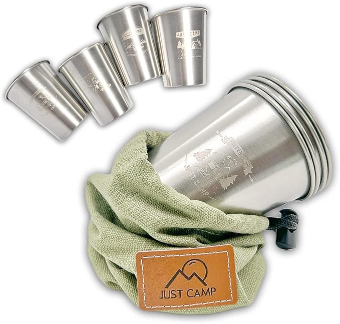Camping Cups 11 oz (4 Pack) - Stackable Stainless Steel Tumblers | Metal Drinking Glasses | Great for Kids, Hiking, Camping, and Picnics | Unique Gifts (silver)