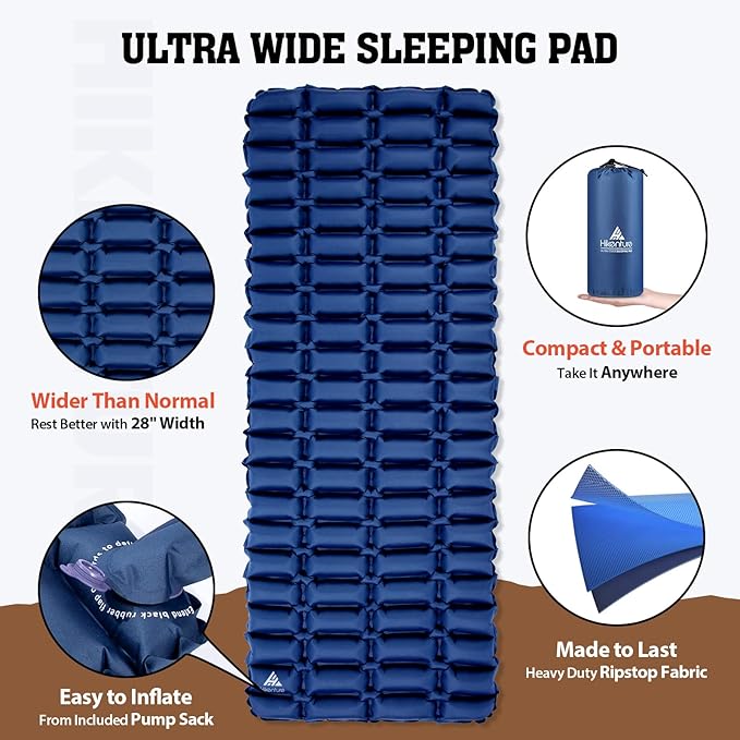 Hikenture Double Sleeping Pad,Ultralight Camping Mattress 2 Person,Backpacking Pad with Pump Sack,Inflatable Air Mat for Tent(1037-B2) (Dark Blue, 72" L x 28" W)
