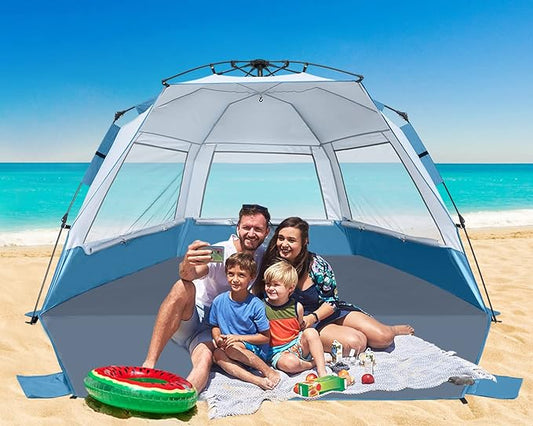 Beach Tent Instant Pop up Sun Shade Shelter for 4-6 Person with UV Protection,Extended Floor,3 Mesh Roll Up Windows with Carry Bag, Sandbags, Stakes(Turquoise)