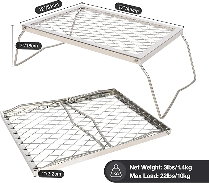 REDCAMP Folding Stainless Campfire Grill Heavy Duty Steel Grate, Portable Camp Fire Cooking Racks for Over Fire Pit