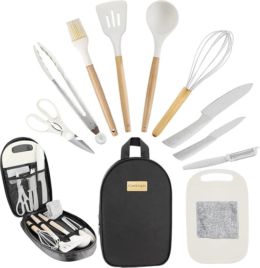 Camping Accessories Kitchen Cooking Utensils Set - Portable Outdoor Camp Cookware Set, Silicone Camper Essentials Gear Must Have Supplies for Travel RV BBQ Grill Picnic Hiking