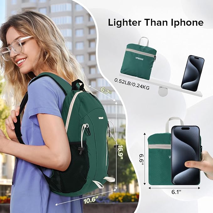 15L Highly Water-resistant Hiking Daypack, Small Backpack Travel Outdoor, Lightweight Day Pack with Tool Loops(Dark Green)