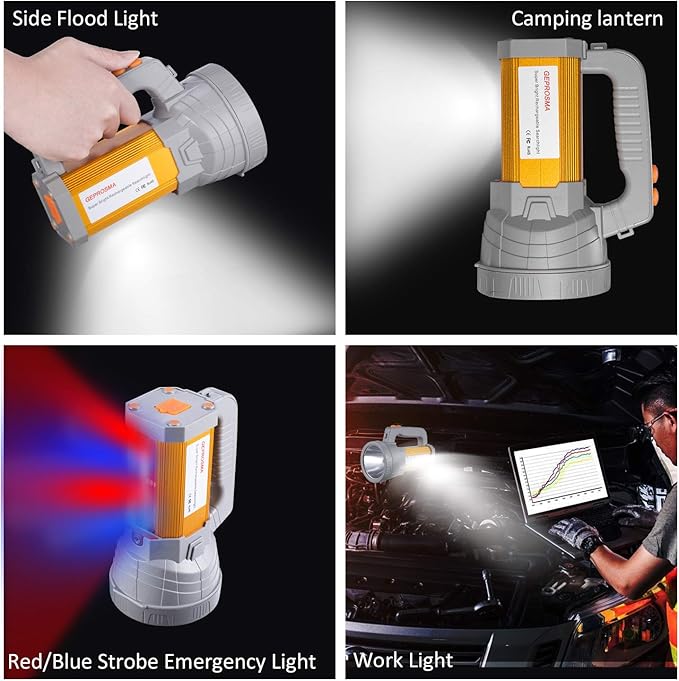 Multi functions Rechargeable Flashlight High Lumens,Handheld Spotlight LED 6000 Lumens Super Bright, Large Battery 10000 Long lasting Powerful Searchlight plus Side Lantern,Home Outdoor