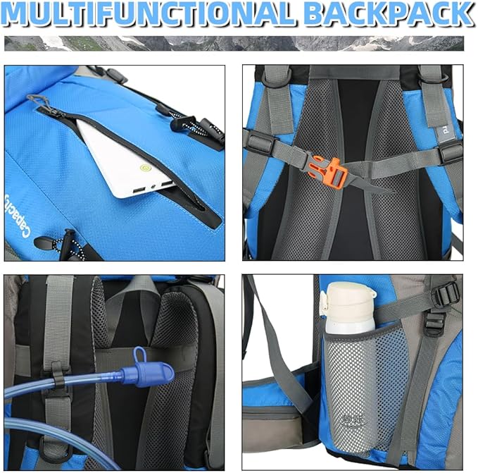 King'sGuard 70L Hiking Backpack Waterproof Camping Backpack with Rain Cover Large Lightweight Backpacking Backpack Daypack for Travel Outdoor -Frameless (Light Blue)