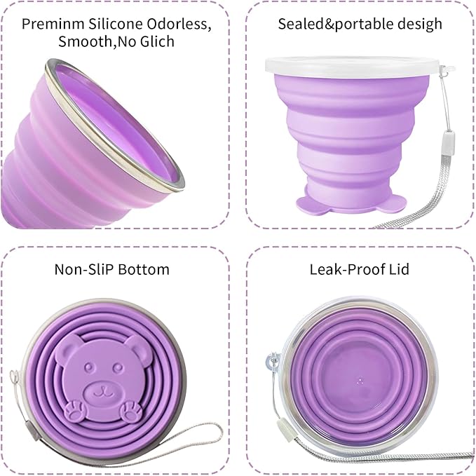 2 Pcs Collapsible Cup, Silicone Collapsible Travel Cup, Expandable Folding Camping Drinking Cup with Lids Reusable Small Portable Mugs Cup for Travel, Camping, Hiking,Outdoor Sports (Purple&Blue)
