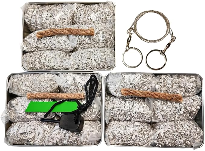 Emergency Fire Starter Magnesium 6 Bags Wax Infused Jute Rope Ferro Rod Striker Saw Wire for Camping Hiking Bushcraft Hurricane + Tin Container