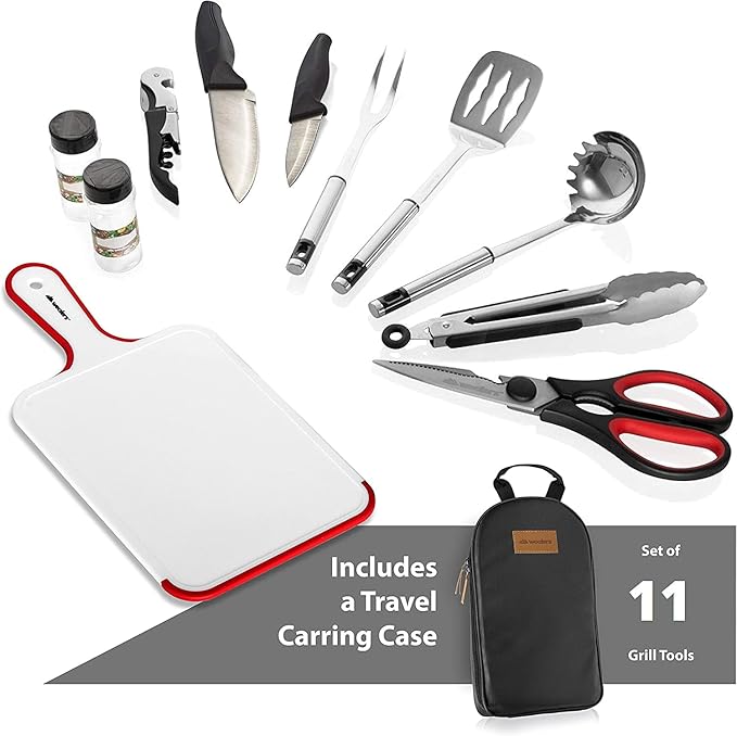 11 Piece Camp Kitchen Cooking Utensil Set Travel Organizer Grill Accessories Compact Gear for Backpacking BBQ Camping Hiking and Travel Black
