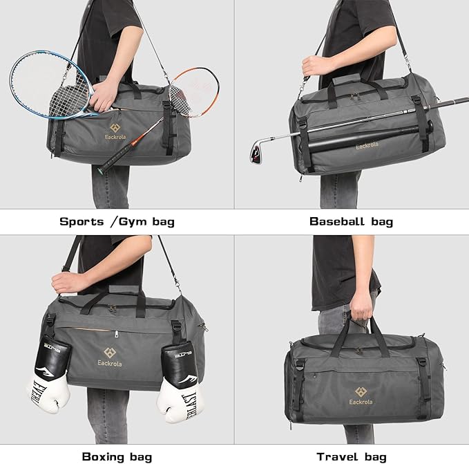 Eackrola Extra Large Sports Gym Bag, Travel Duffel bag with Wet Pocket & Shoes Compartment for men women, 85L, Lightweight (Gray)