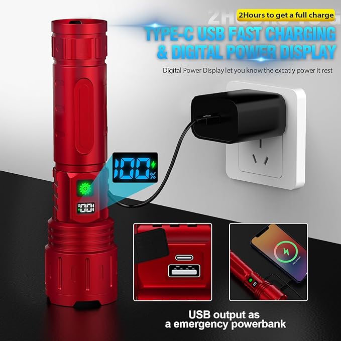 Flashlights 20000 High Lumens Rechargeable - 1500 Meters Long Beam Super Bright LED Flash Light with Power Display & IPX5 Waterproof for Camping, 20H Runtime,5 Modes,Zoomable Handheld Flashlight -Red