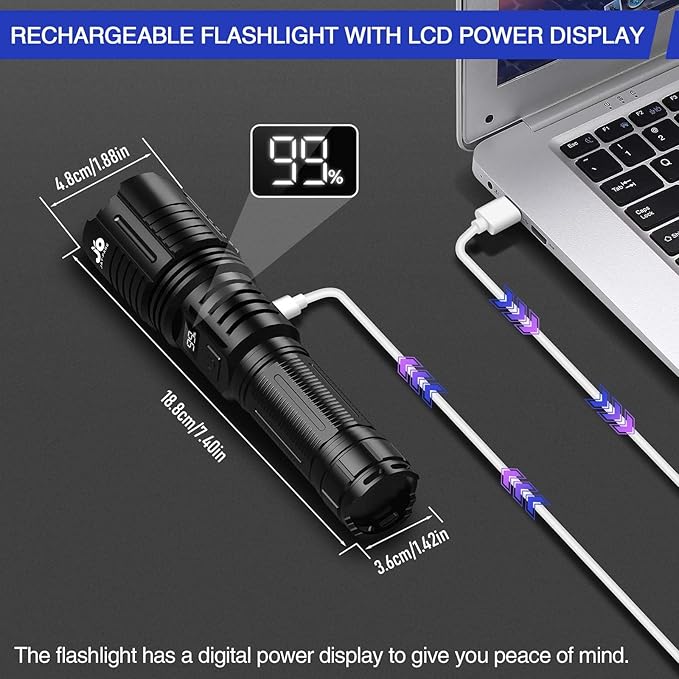 Rechargeable Flashlights 1000000 Lumen, LED Flashlight with Digital Power Display and Zoomable, Flashlights High Lumen Super Bright Long Distance for Camping, bushcraft, Outdoor