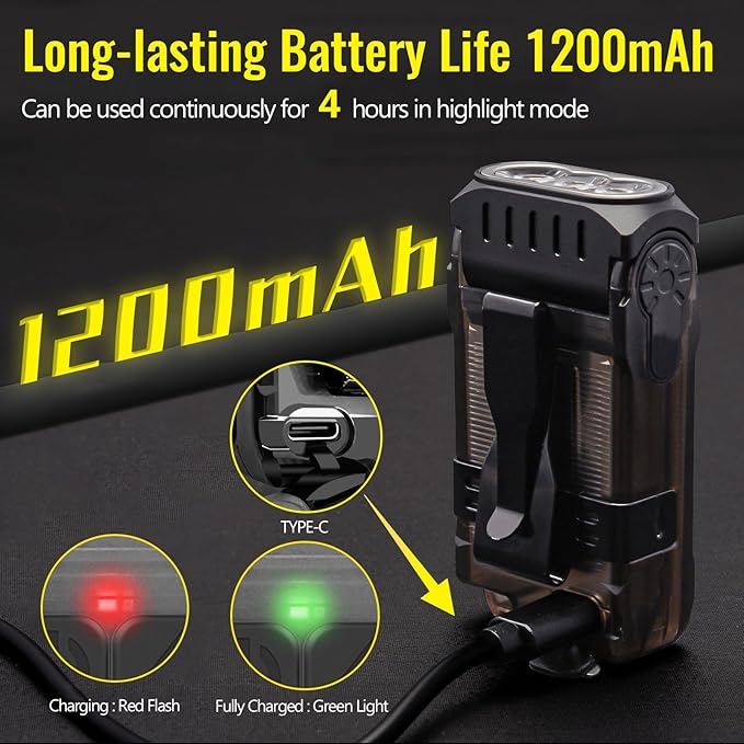 CGBE Small Flashlight 1200 Lumens, Rechargeable Pocket Flashlight Type-C with 1200mAh Battery, IP67 Waterproof Mini Keychain Flashlight with 80 Degree Rotation for Emergencies, Camping, Hiking - Black