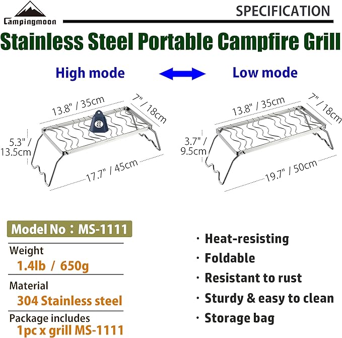 CAMPINGMOON Portable Folding Camping Campfire Grill over Fire Split Stoves 304 Stainless Steel (13.8’’L (MS-1111))