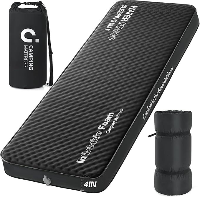 Self Inflating Sleeping Pad, 4in Ultra-Thick Foam Camping Single Mattress with Air Pump Sack, Sleeping Mats for Adults Inflatable Camping Pad Mattress, Cot Bed, Travel, Car, Tent, Home, Black