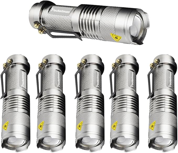 6 Pack,Pocketman 7W 300LM 3 Modes Mini Light Silver LED Tactical Flashlight