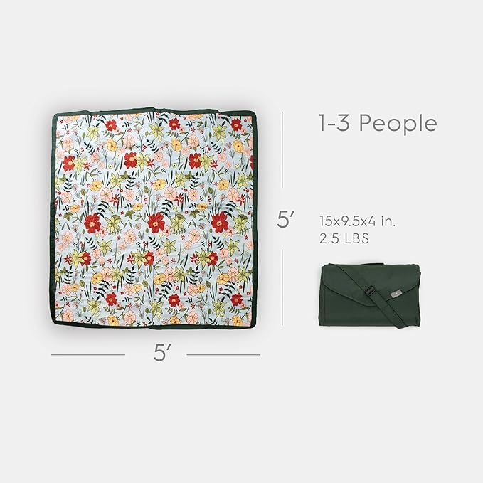 Little Unicorn Outdoor Family Picnic & Beach Blanket, Water-Resistant, Compact Fold, 5 x 5 feet, (Primrose Patch)