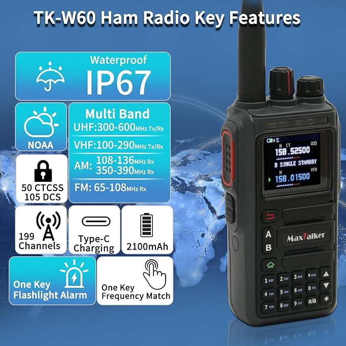 Ham Radio Handheld GMRS Radio: MaxTalker TK-W60 Waterproof Ham Radios Long Range 8W with Tactical Antenna, Two Way Radio Rechargeable Walkie Talkies with Earpiece, Multi-Band VHF UHF Radio for Camping