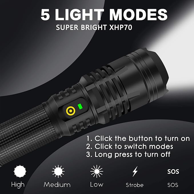 12000 Lumen Flashlight, USB Rechargeable Flashlight XHP70.2, High Powered Handheld LED Flashlight, Super Bright Flash Light, 5 Modes for Emergency, Hiking, with Holster