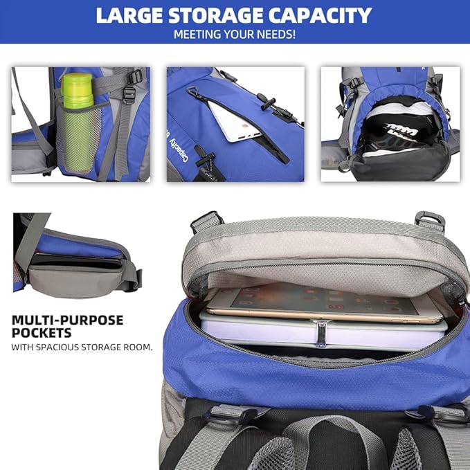 70L Camping Hiking Backpack with Rain Cover Waterproof Backpacking Backpack for Hiking Treeking Climbing Outdoor (DeepBlue)