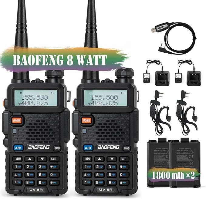 BAOFENG UV-5R Ham Radio 8W with 2 Rechargeable Batteries, Long Range Handheld Ham Radios (VHF & UHF) with Programming Cable and Earpiece(2Pack)