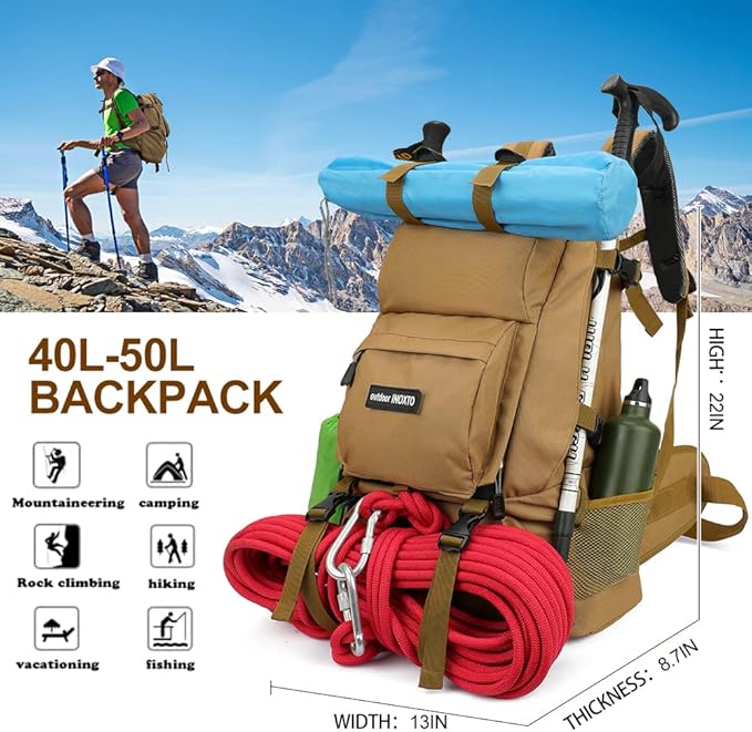 INOXTO 40L Hiking Backpack with Waterproof Rain Cover, Khaki, Unisex