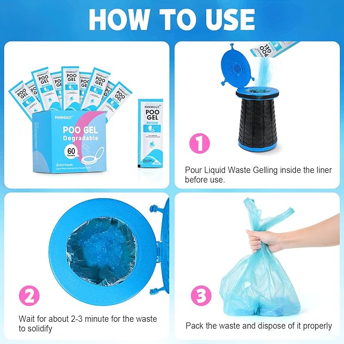40Packs Poo Gel for Portable Toilet, Absorbent Poo Powder for Liquid Waste and Urine Camping Toilet Outdoor Hiking