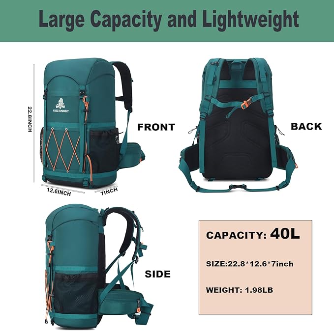 Bseash 40L Waterproof Hiking Backpack with Rain Cover, Outdoor Sport Travel Bag Daypack for Camping Climbing Skiing Cycling (Blue Green)