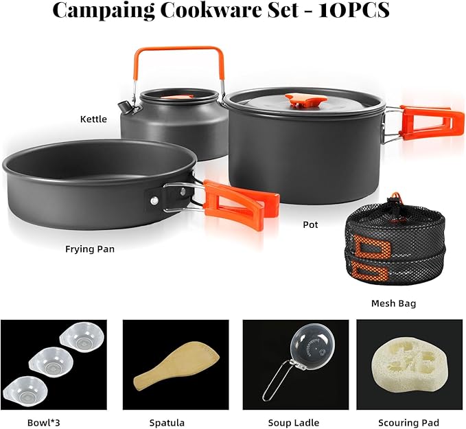 Camping Essentials Cookware Cooking Set, Camping Pots and Pans Set for Backpacking Gear, Car Camping Mess Kit for Camping Stove, Camp Kitchen with Camping Kettle, Pour Over Coffee Dripper