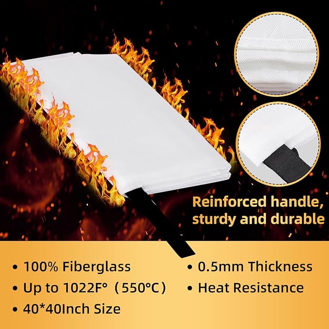 Emergency Fire Blanket 40" x 40" Fiberglass Fire Blanket Fire Suppression Blanket for Kitchen with Hooks Gloves Emergency Whistles Fireproof Blanket for Home Safety Camping (3)