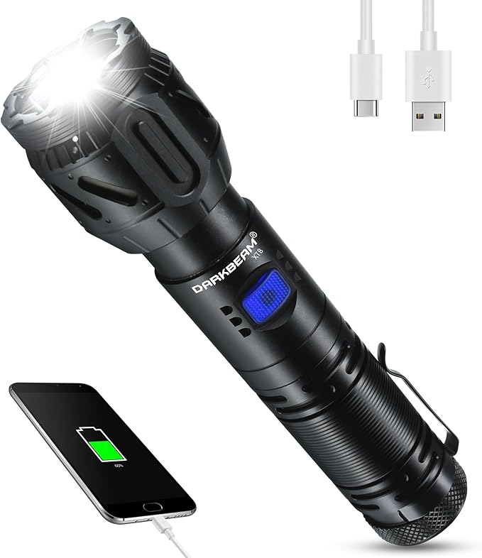 DARKBEAM LED Flashlight High Lumens,Rechargeable 900,000LM Super Bright, Emergency Mobile Charge - 5 Mode, Focusable, Water Resistant, Long Lasting - Handheld Camping Flash Light for Power Outage