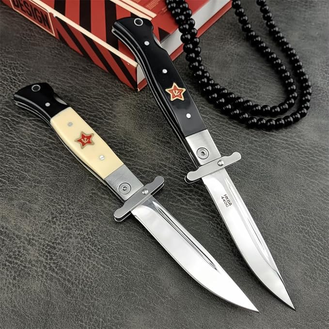 Finka-NKVD KGB Folding Pocket Knife,3.66" Mirror Polished 440C Blade and ABS Handle,Nylon Sheath,Assisted Opening Flipper Knife with Lockback, EDC for Camping Hunting Survival (BLACK)