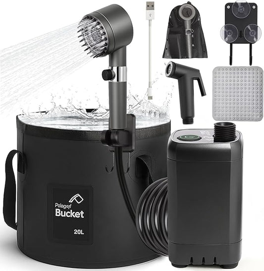 Rechargeable Camping Shower Pump, 9000mAh Portable Shower for Camping, 4 Sprayer Modes Electric Outdoor Shower Head IPX7 Waterproof USB Battery Powered Kit with 5 Gallon Bucket&Foot Pad