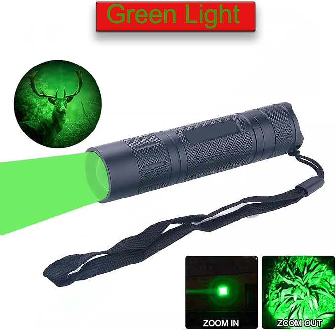 Green Light Flashlight Single Mode Zoomable Green LED Flashlights for Night Hunting, Hog