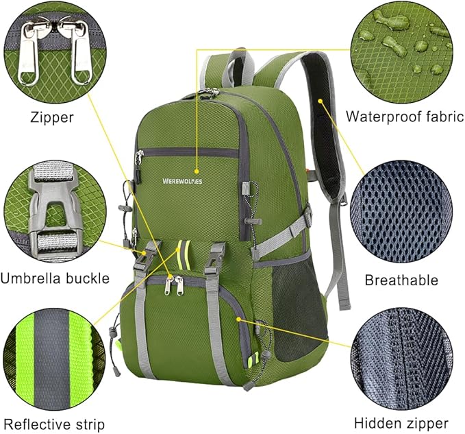 WEREWOLVES 20/35L Lightweight Hiking Backpack, Ultralight Water Resistant Packable Daypack for Women Men
