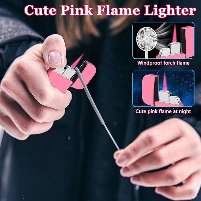 2 Pack Pink Flame Torch Lighter, Cute Pink Lighter,Refillable Butane Lighter, Windproof Torch Lighter for Outdoor Camping BBQ Candle,Nice Gift for Girls,Women on Birthday,Mother's Day Without Butane