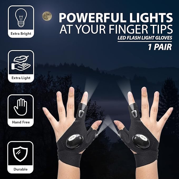 LED Flashlight Gloves for Men Women – Bright Lighted Fingerless LED Gloves for Handyman, Plumber, Mechanic Elastic Design, Waterproof, Battery Powered – Unique Gift Cool Gadgets for Men, Dad, Husband