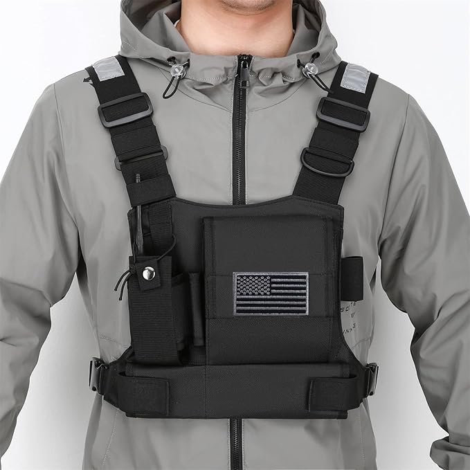 Chest Bag Vest Rig For Two Way Radio Walkie Talkie Universal Hands Freely Front Chest Pack Radio Holster With Phone Holder Hiphop Harness Bag (Coal)