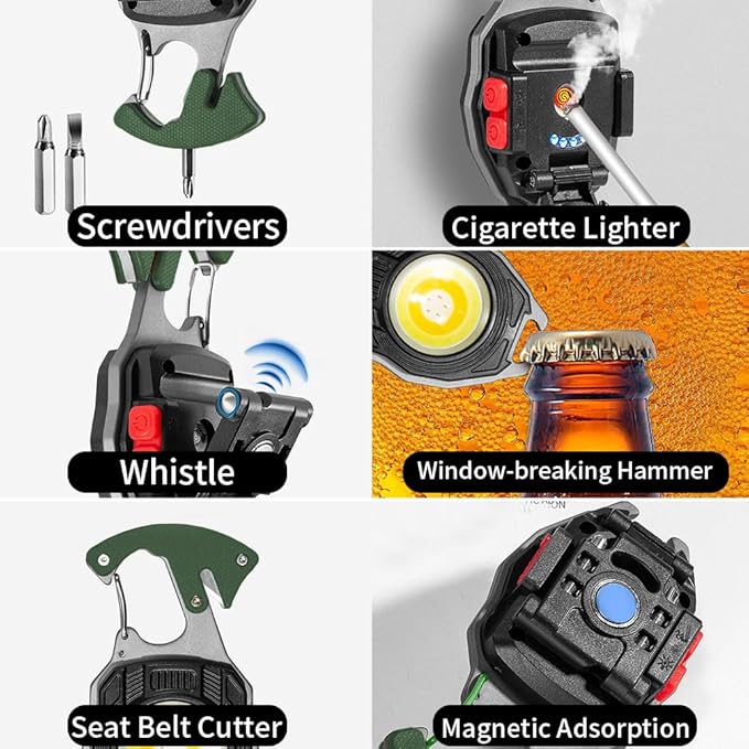 LED Small Keychain Flashlight Multitool, Rechargeable Light, High Lumens Super Bright COB Mini Work Light, 7 Lighting Modes with Electric Lighter, Seat Belt Cutter, Screwdriver, Whistle