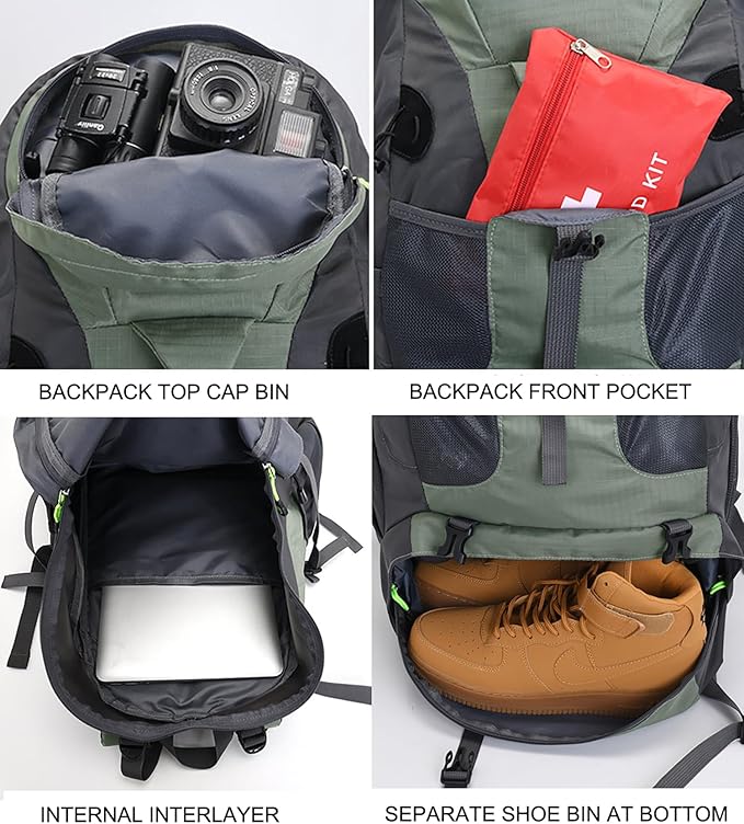 Bseash 50L Hiking Backpack, Water Resistant Lightweight Outdoor Sport Daypack Travel Bag for Camping Climbing Touring (Gold - With Shoe Compartment)