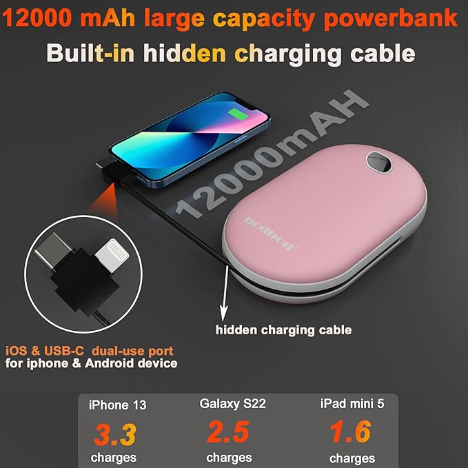 12000mAh Hand Warmers rechargeable & Power Bank 2in1 Battery with charge cable USB Electric Hand Warmer Reusable Portable hot hands Heater Pocket Warmer Handwarmer for Winter outwork Camping Fishing Golf