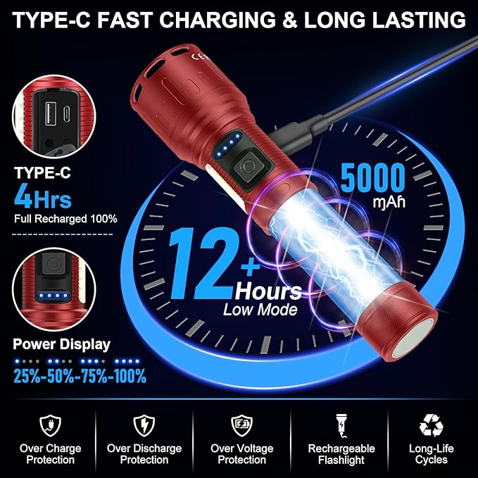 Flashlights 100,000 High Lumens Rechargeable - Super Bright LED Magnetic Flashlight with Sidelight 8 Modes Waterproof Powerful Handheld Flash Light for Emergency (1 Pack with Leather Box, Red)