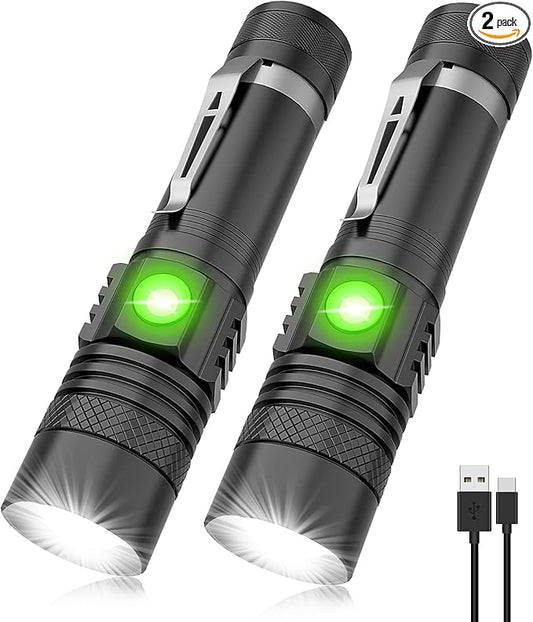 Flashlights USB Rechargeable, Tactical Led Flashlight, 4 Models, Zoomable, Waterproof, High Lumens Flashlight with Clip for Camping, Hiking and Outdoor