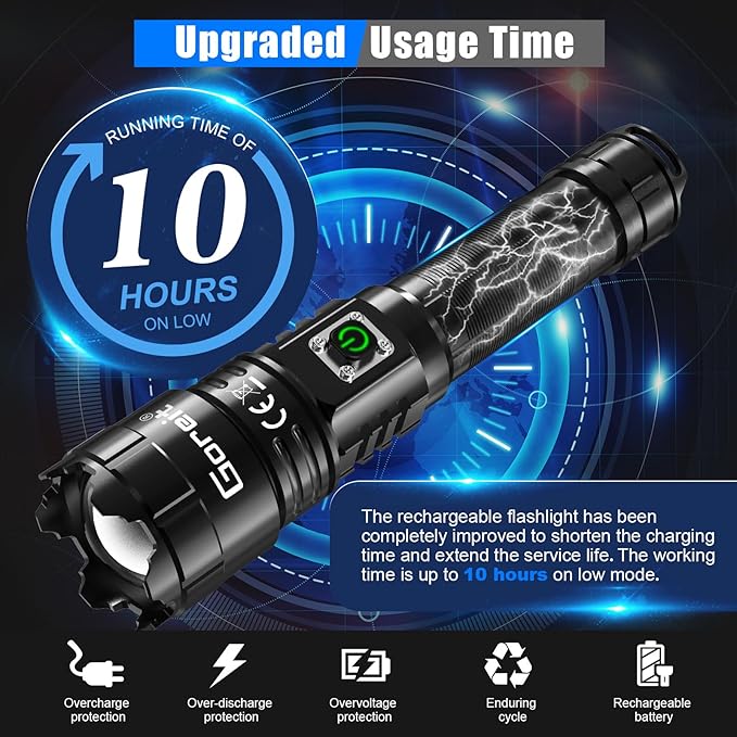 Goreit Flashlights High Lumens Rechargeable, 950000 Lumen XHP70.2 LED Flashlight USB Super Bright Flash Lights, High Powered Handheld Flashlights for Emergencies Camping, Waterproof, Adjustable Focus