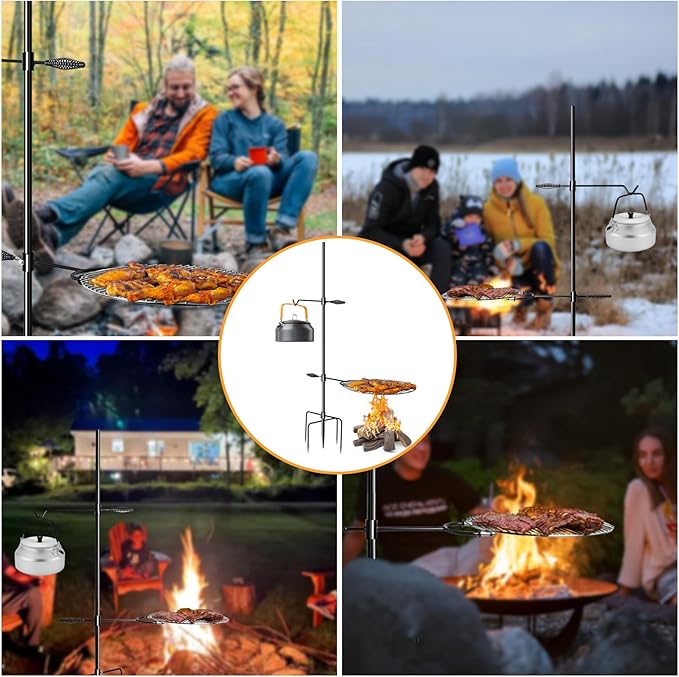 Campfire Grill Grate with Keetle Hook, 360° Rotatable Swivel Campfire Fire Pit Grill Grate for Outdoor Camping BBQ, Cooking