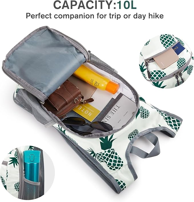 G4Free 10L/15L Hiking Backpack Lightweight Packable Hiking Daypack Small Travel Outdoor Foldable Shoulder Bag(Green Pineapple)