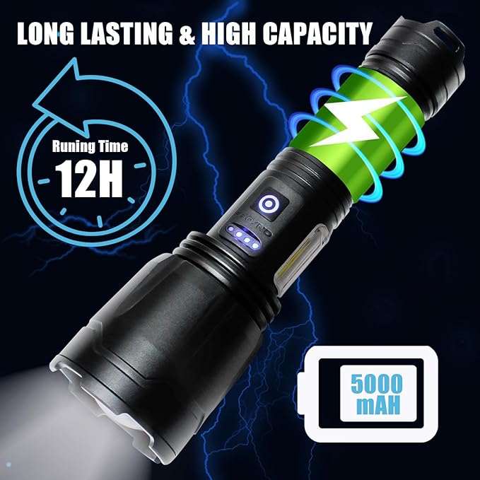 Flashlights High Lumens Rechargeable,300000 Lumens Super Bright Flashlights, 7 Modes with COB Work Light, Zoomable, IP67 Waterproof Flash Light with Cases for Emergency Camping