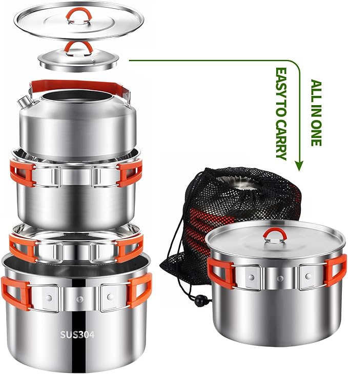 Camping Cookware Set,Camping Cooking Set,304 Stainless Steel Camping Pots and Pans Set,Camping Gear for Hiking Outdoor Cooking Picnics for 2-4 People