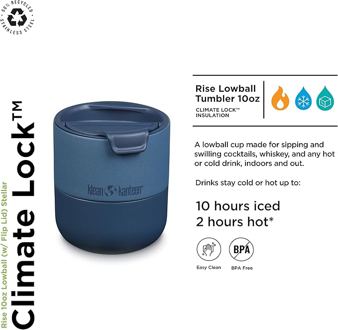 Klean Kanteen Rise 10oz Lowball - Stainless Steel Tumbler with Flip Lid - Stellar