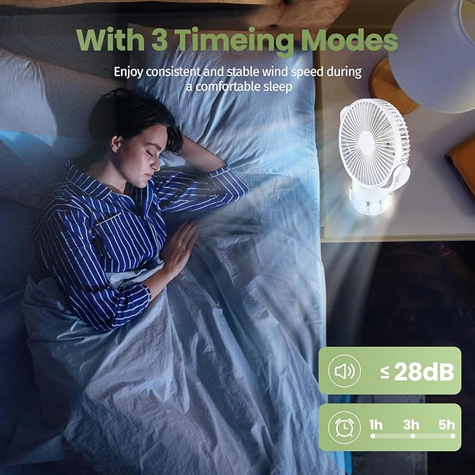 3-in-1 Portable Camping Battery Powered Fan with LED Lantern, Fan 8H Timer 270°Rotation Battery Operated Fan, 10400mAh Rechargeable USB Desk Beach Fan with Hook&Tripod, Super Quiet