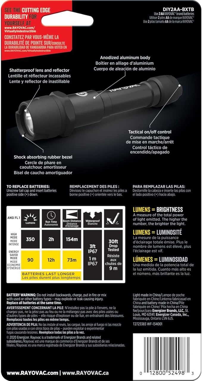 Rayovac Virtually Indescructible LED Tactical Flashlight, Bright Heavy Duty Flashlight for Camping Gear and Hiking, Water Resistant EDC Flashlight, Pack of 1, Black